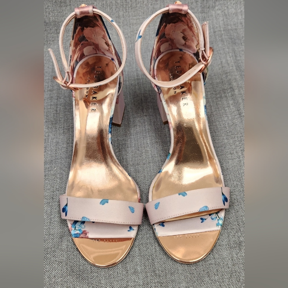 Ted Baker Manyah Pink Floral Print Block Heeled Sandals. 7 - Picture 4 of 12